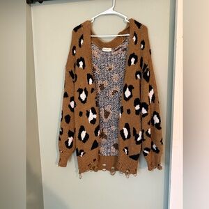 Oversized Leopard Print Distressed Cardigan